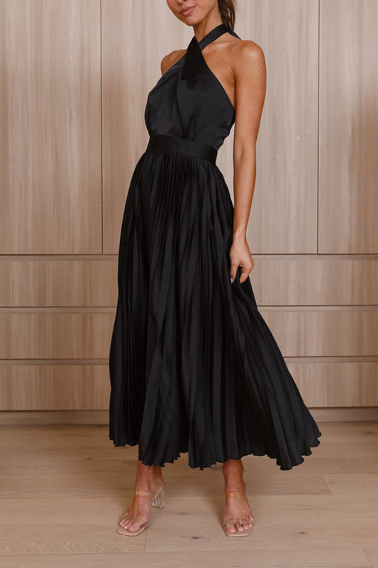 CM | Beaming Smile vestido midi plisado de satén con cuello halterneck