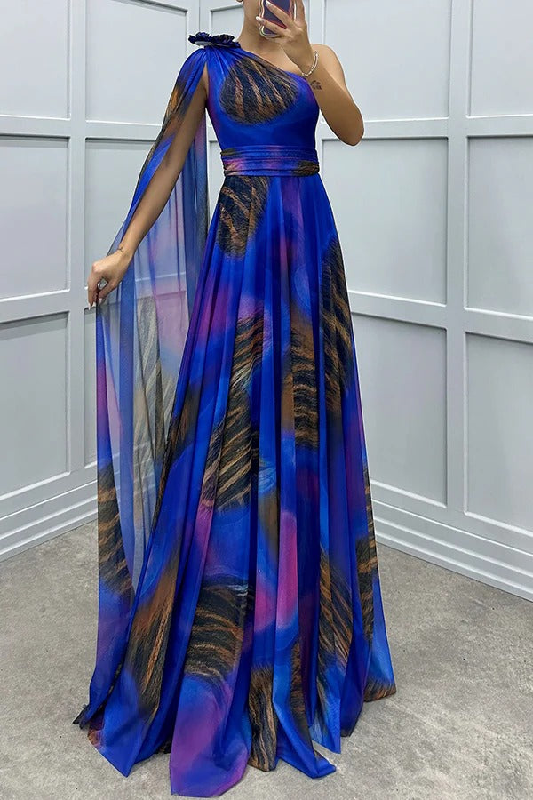 CM | Lucia Impresión única Detalle Floral Un Hombro Vestido Manga Drapeada Maxi Vestido