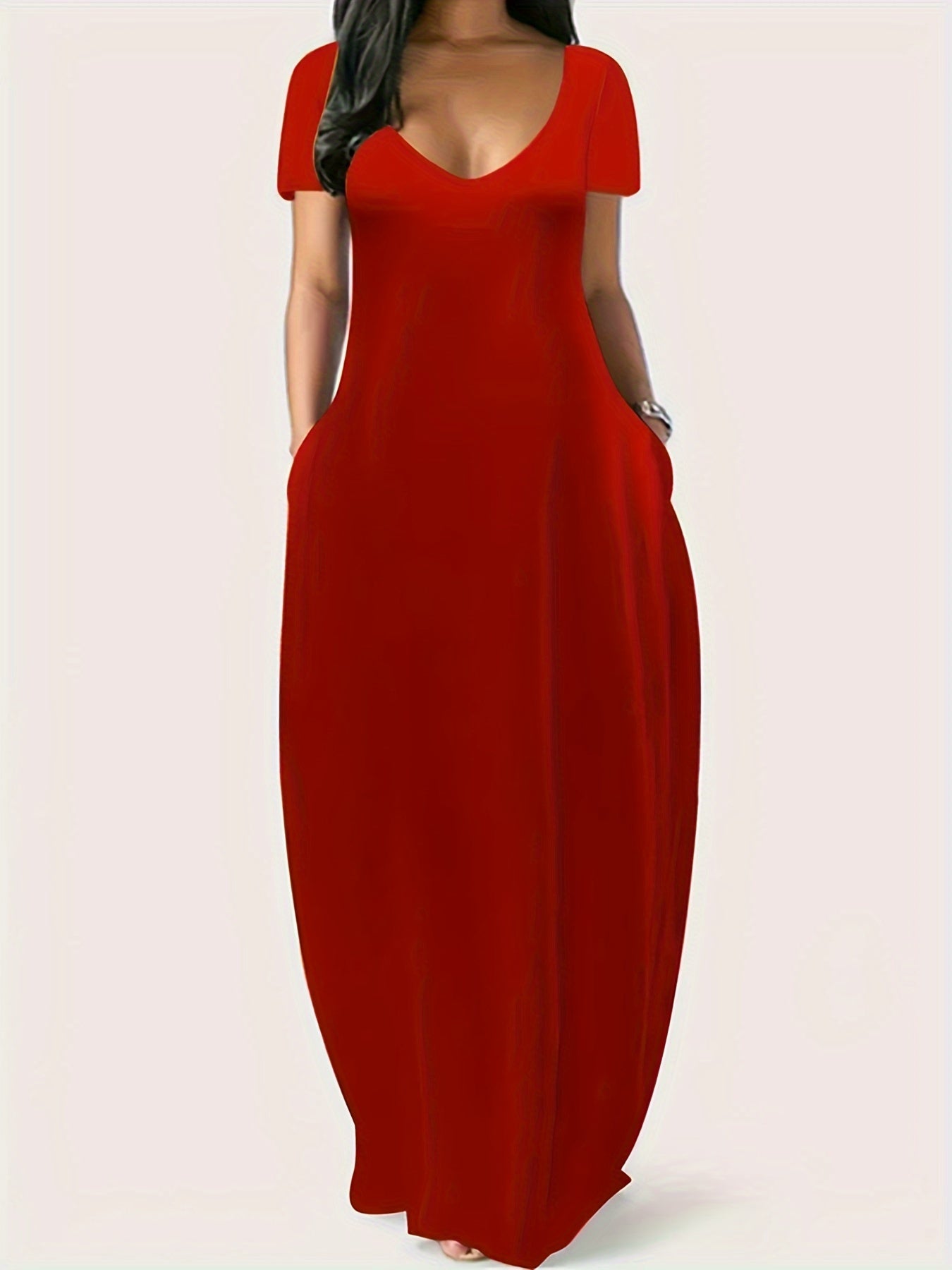 CM | Maxivestido de mujer - Corte vaporoso - Cuello en pico - Mangas cortas - Ligero con bolsillos