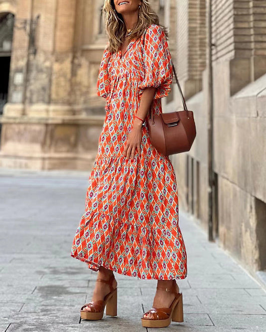 CM | Transpirable manga linterna Floral Imprimir Vestido Largo Suelto Cuello en V Moda Verano Vestido de Playa