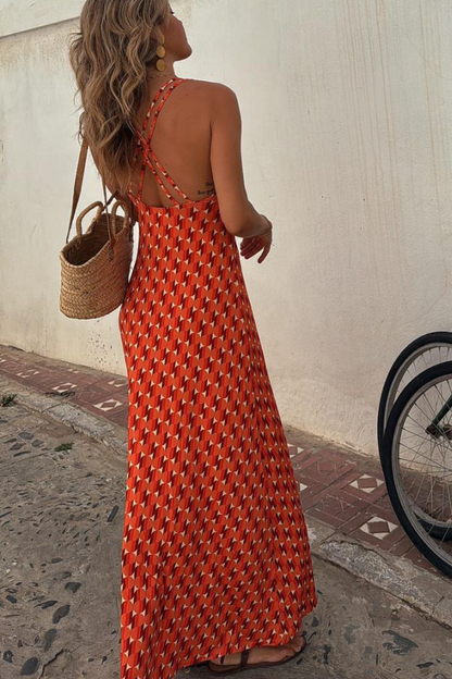 CM | Naranja Manga Corta Estampado Regular Vestido Largo Tirantes