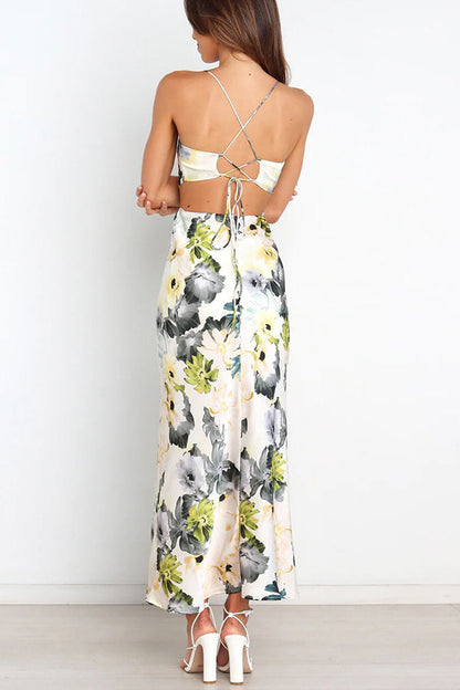CM | Garden Party Floral Satén Recorte Espalda Encaje Maxi Vestido