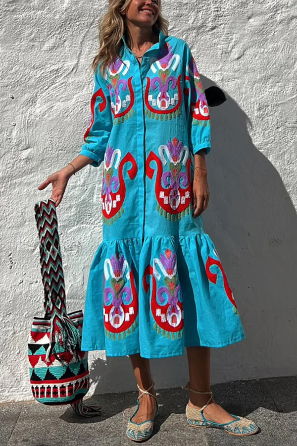 CM | Take Me To Cabo Ethnic Unique Print Botón Camisa Suelta Vestido Midi
