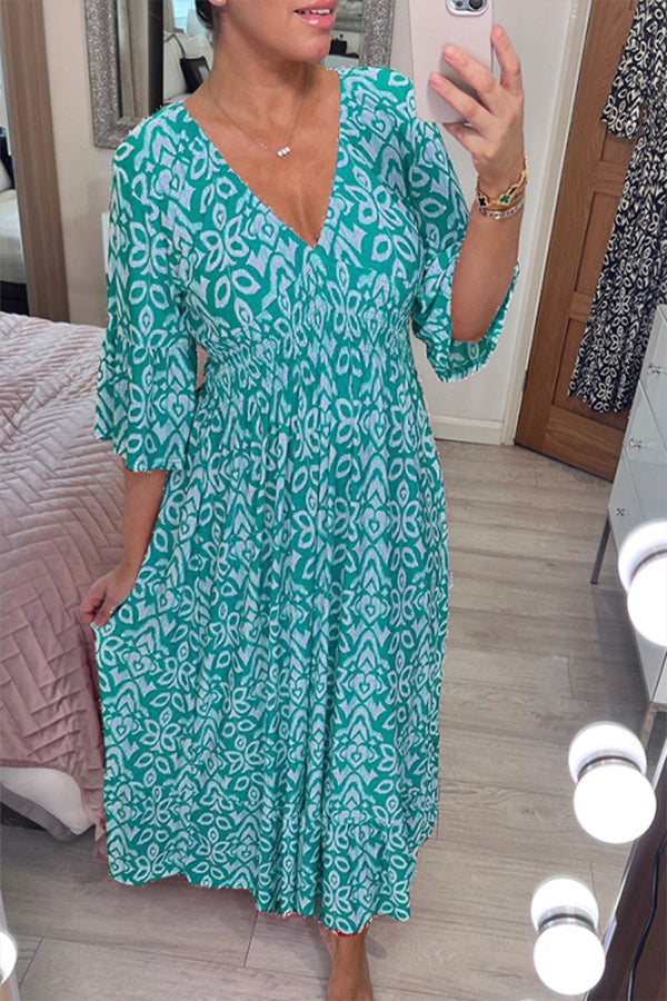 CM | Bohème vestido largo con cuello en V y cintura envolvente y estampado informal