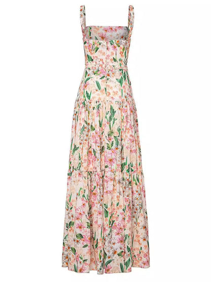 CM | Maxi vestido de rayas florales con cintura fruncida para mujer - Romántico estilo veraniego