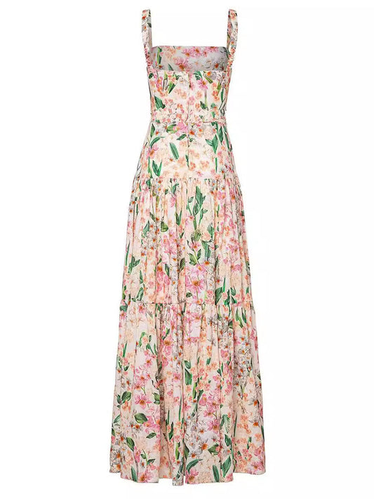 CM | Maxi vestido de rayas florales con cintura fruncida para mujer - Romántico estilo veraniego