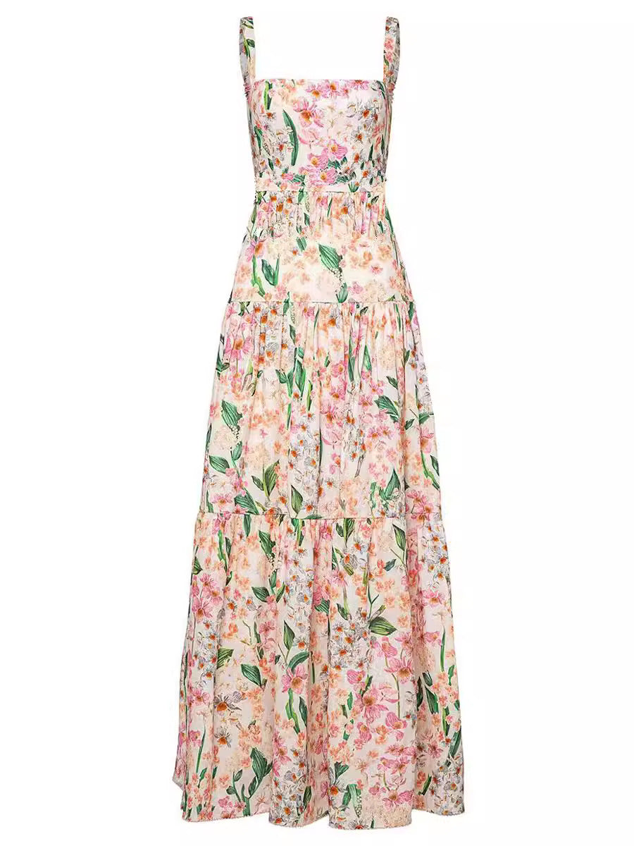 CM | Maxi vestido de rayas florales con cintura fruncida para mujer - Romántico estilo veraniego