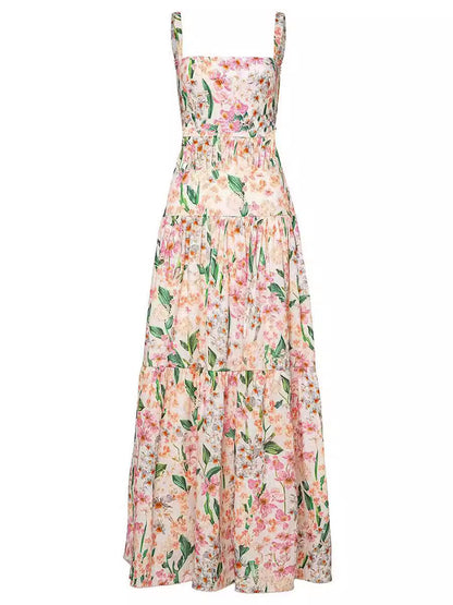 CM | Maxi vestido de rayas florales con cintura fruncida para mujer - Romántico estilo veraniego