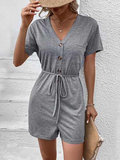 CM | Nuevo casual elegante color sólido V-cuello mono