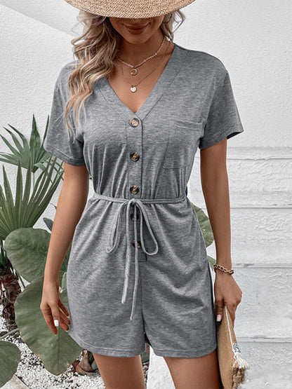 CM | Nuevo casual elegante color sólido V-cuello mono
