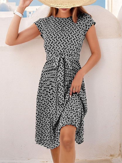 CM | Vestido midi estampado de manga corta con lazo en la cintura para mujer