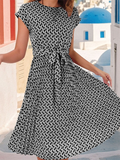 CM | Vestido midi estampado de manga corta con lazo en la cintura para mujer