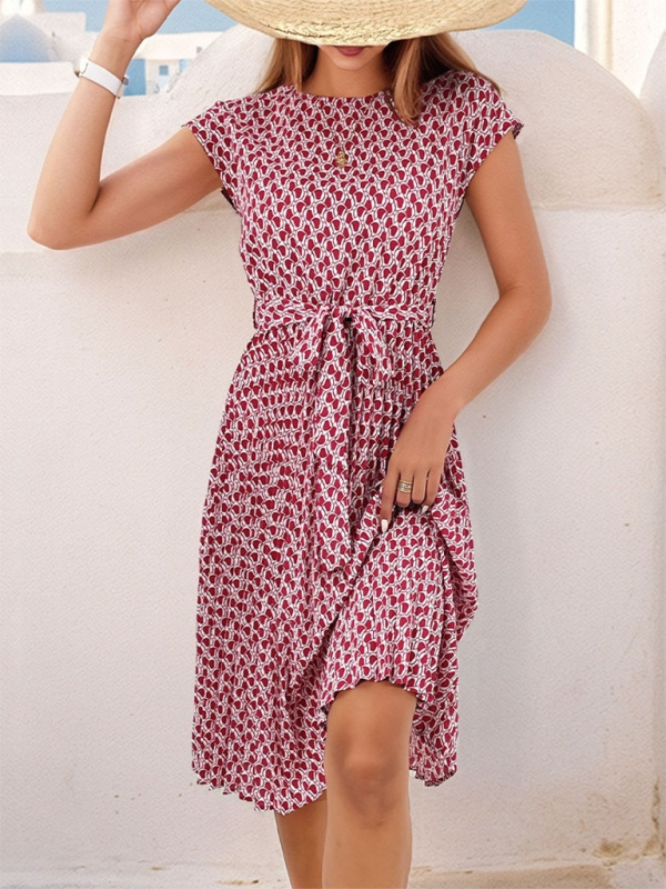 CM | Vestido midi estampado de manga corta con lazo en la cintura para mujer