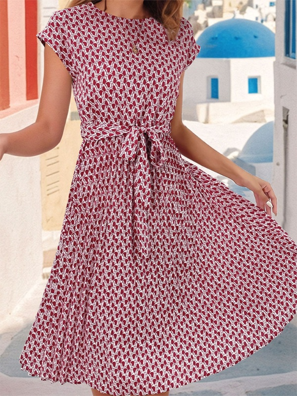 CM | Vestido midi estampado de manga corta con lazo en la cintura para mujer