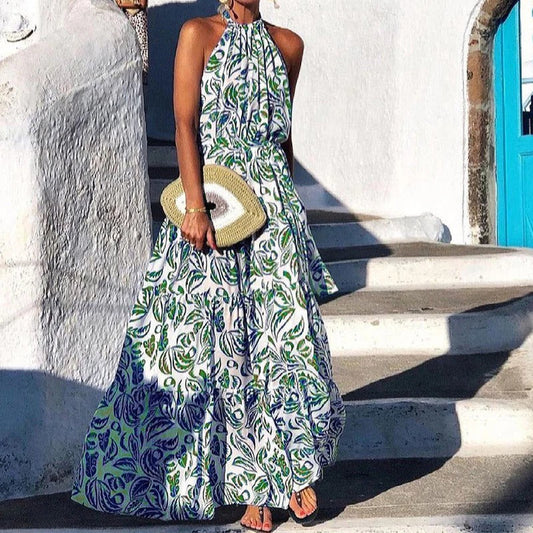 CM | maxi vestido de mujer - corte fluido - cuello halterneck - falda a rayas - estampado floral