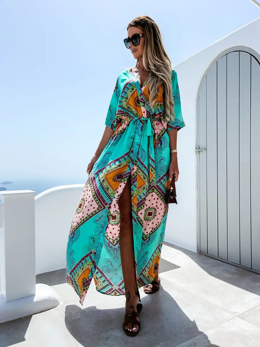 CM | Maxivestido de mujer - Estampado étnico - Corte relajado - Cuello de pico - Cinturón de corbata - Mangas medias