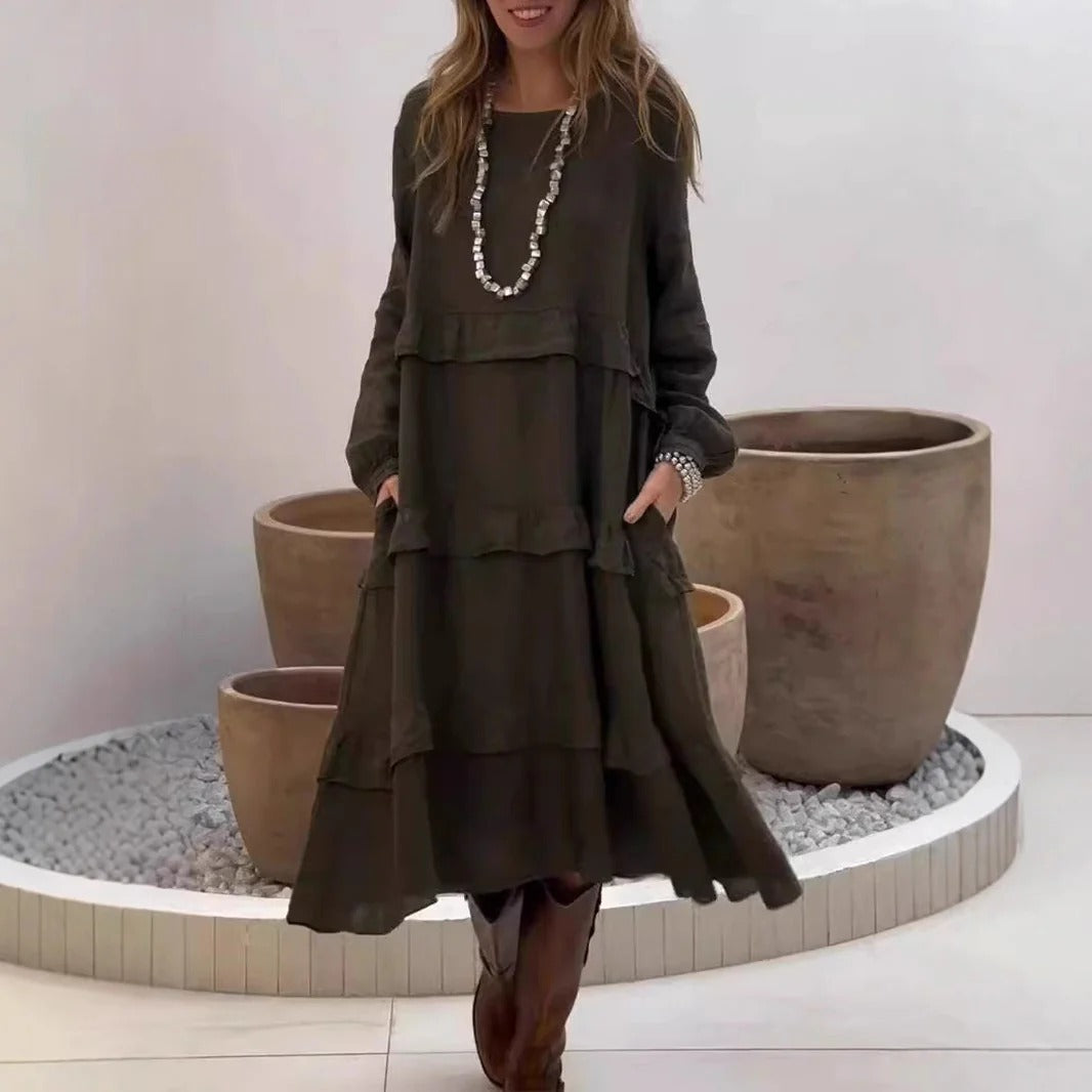 CM | maxi vestido de mujer - lino - corte en A - mangas fruncidas - estilo escalonado y sencillo