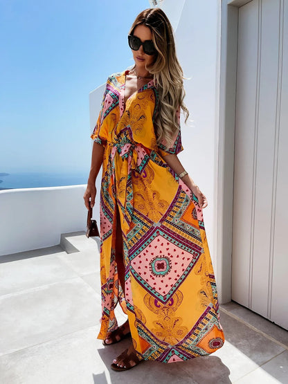 CM | Maxivestido de mujer - Estampado étnico - Corte relajado - Cuello de pico - Cinturón de corbata - Mangas medias
