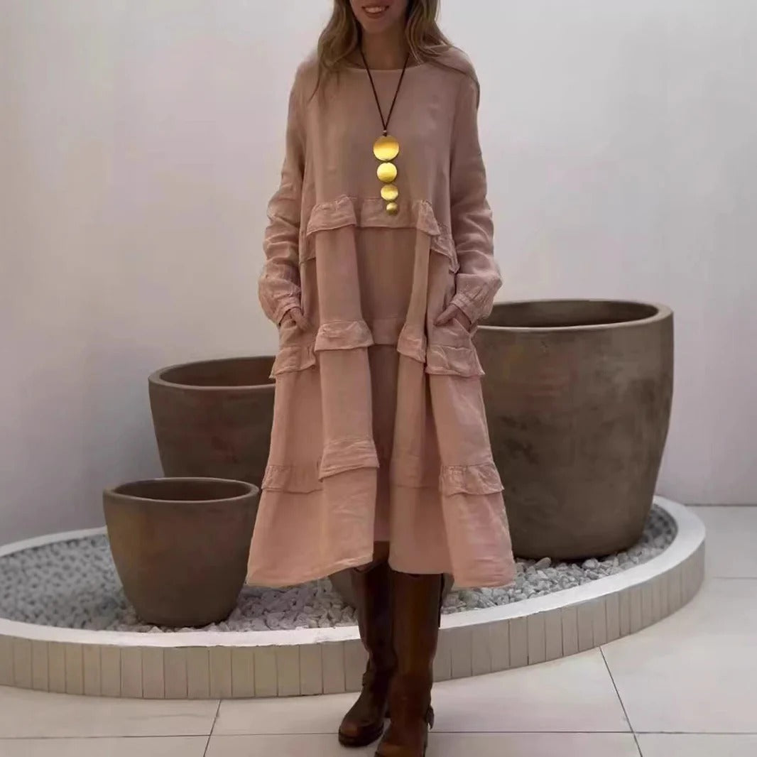 CM | maxi vestido de mujer - lino - corte en A - mangas fruncidas - estilo escalonado y sencillo