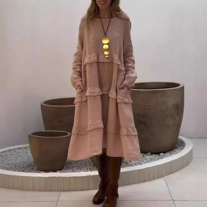 CM | maxi vestido de mujer - lino - corte en A - mangas fruncidas - estilo escalonado y sencillo