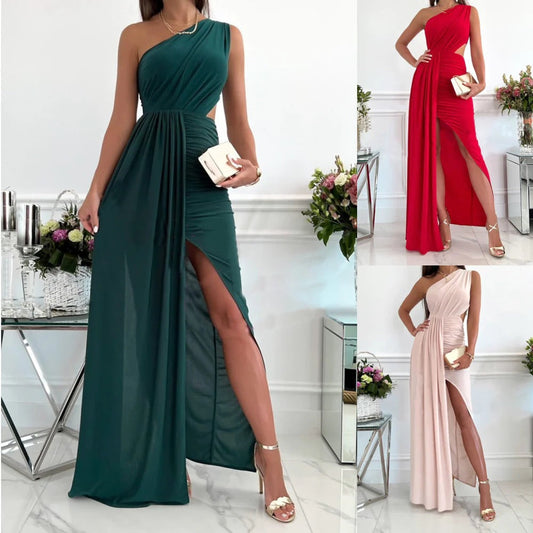 CM | Maxi Vestido de Mujer - Un hombro - Corpiño drapeado - Cintura recortada - Ajuste con abertura lateral