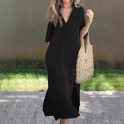 CM | Maxivestido de mujer - Corte relajado - Cuello en V - Media manga - Algodón