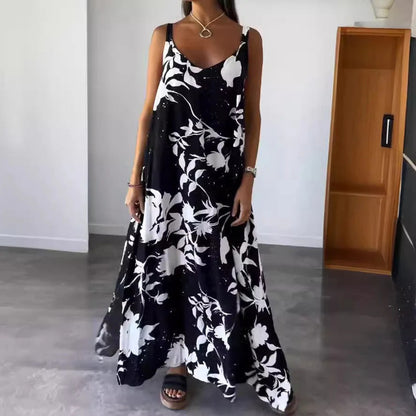 CM | Maxivestido de mujer - Estampado floral - Escote en pico - Corte relajado - Tejido ligero y vaporoso