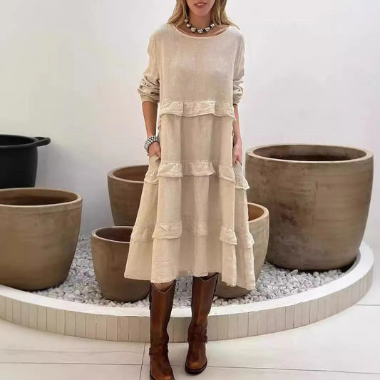 CM | maxi vestido de mujer - lino - corte en A - mangas fruncidas - estilo escalonado y sencillo