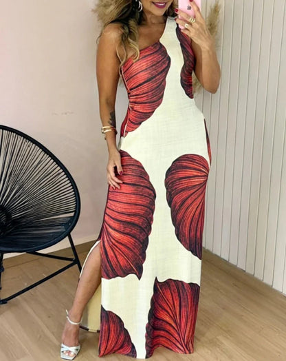 CM | maxi vestido de mujer - corte entallado - mezcla de algodón - sin mangas - estampado de hojas - abertura lateral