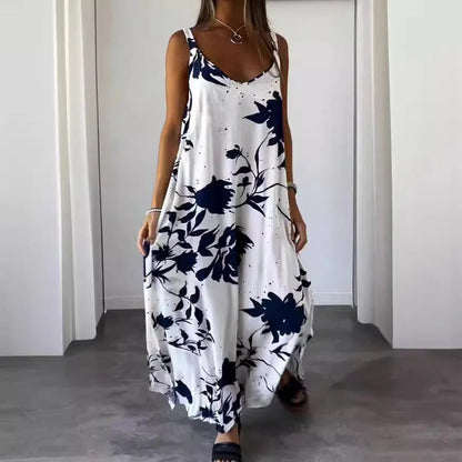 CM | Maxivestido de mujer - Estampado floral - Escote en pico - Corte relajado - Tejido ligero y vaporoso