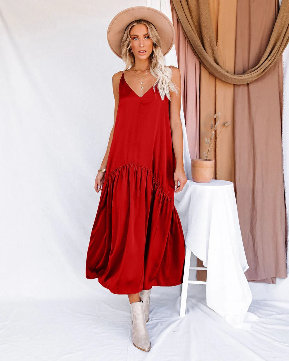 CM | Maxi vestido de mujer - Corte vaporoso - Cuello en V - Detalle de volantes