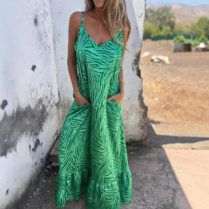 CM | Maxivestido de mujer - Corte relajado - Tejido transpirable - Estampado de cebra - Tirantes finos - Bolsillos