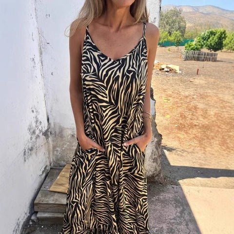 CM | Maxivestido de mujer - Corte relajado - Tejido transpirable - Estampado de cebra - Tirantes finos - Bolsillos