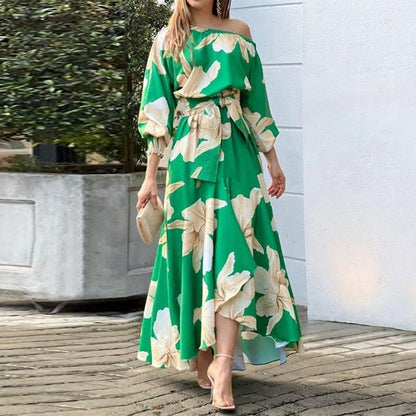 CM | Vestido maxi de mujer - sin hombros - mangas abullonadas - lazo en la cintura - dobladillo asimétrico