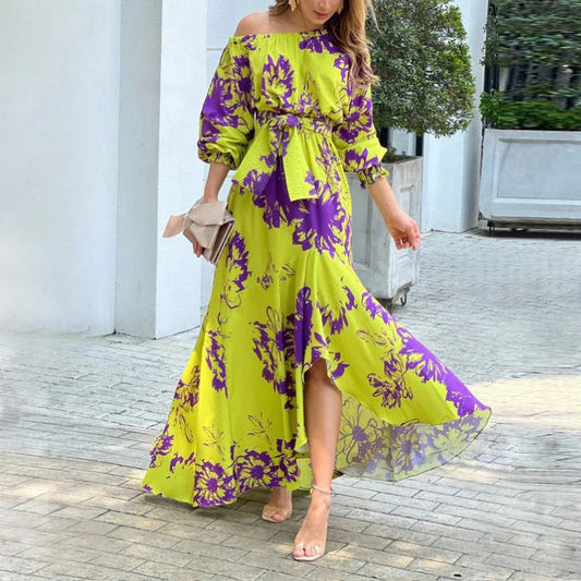 CM | Vestido maxi de mujer - sin hombros - mangas abullonadas - lazo en la cintura - dobladillo asimétrico