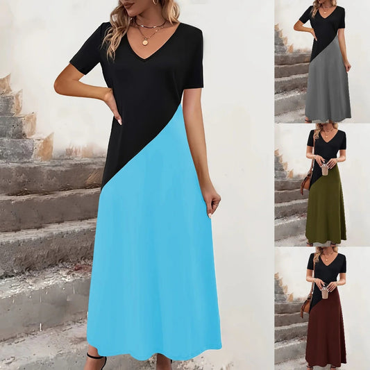 CM | Maxivestido de mujer - Mezcla de algodón - Top entallado - Cuello de pico - Bloque de color - Mangas cortas