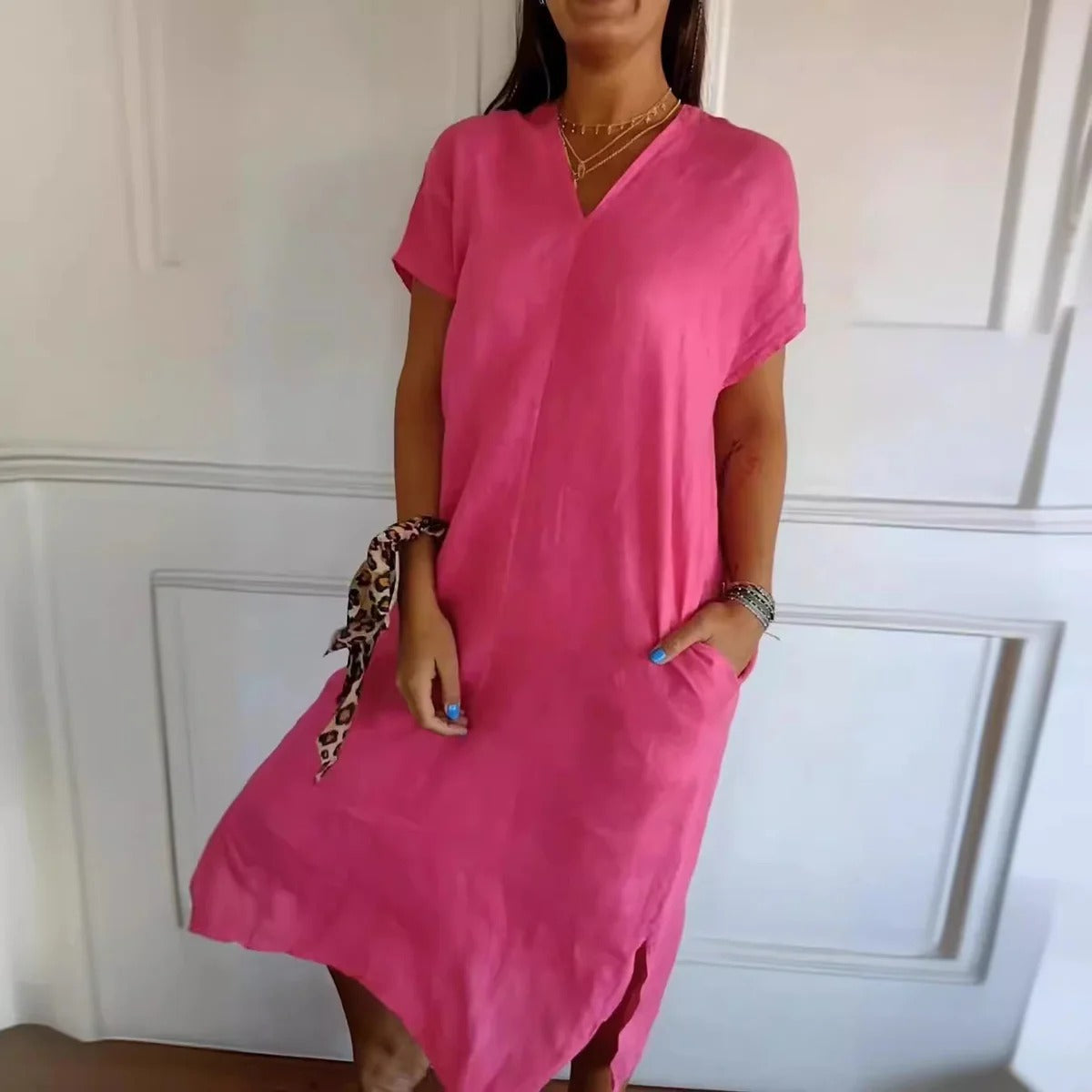 CM | Maxi Vestido de Mujer - Corte Relajado - Algodón - Cuello en V - Mangas Cortas - Con Bolsillos