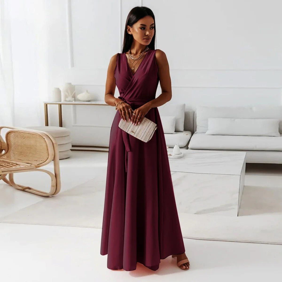 CM | Maxi vestido de mujer - Tejido de lujo - Cuello en V - Lazo de corbata - Sin mangas Corte elegante
