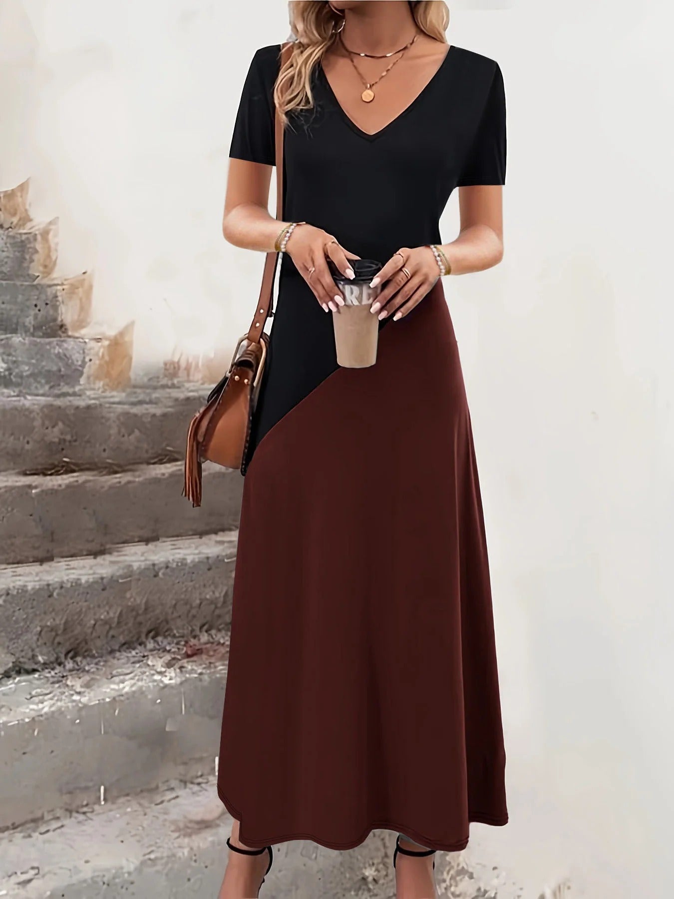 CM | Maxivestido de mujer - Mezcla de algodón - Top entallado - Cuello de pico - Bloque de color - Mangas cortas