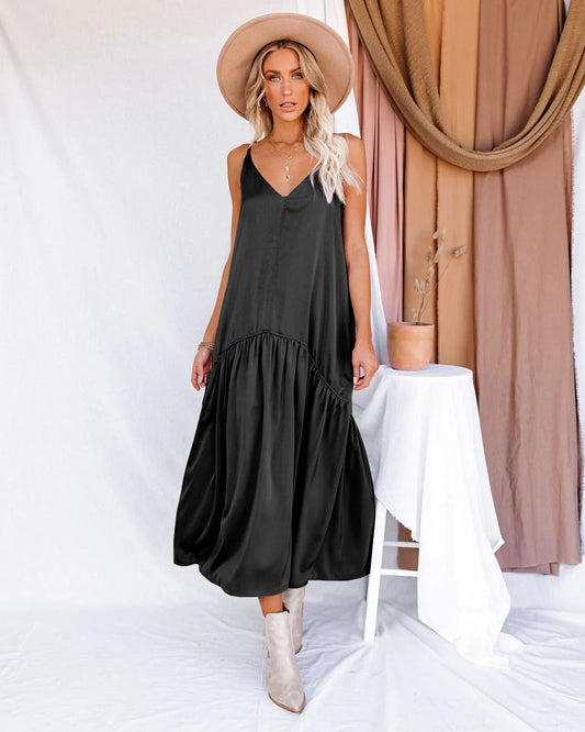 CM | Maxi vestido de mujer - Corte vaporoso - Cuello en V - Detalle de volantes