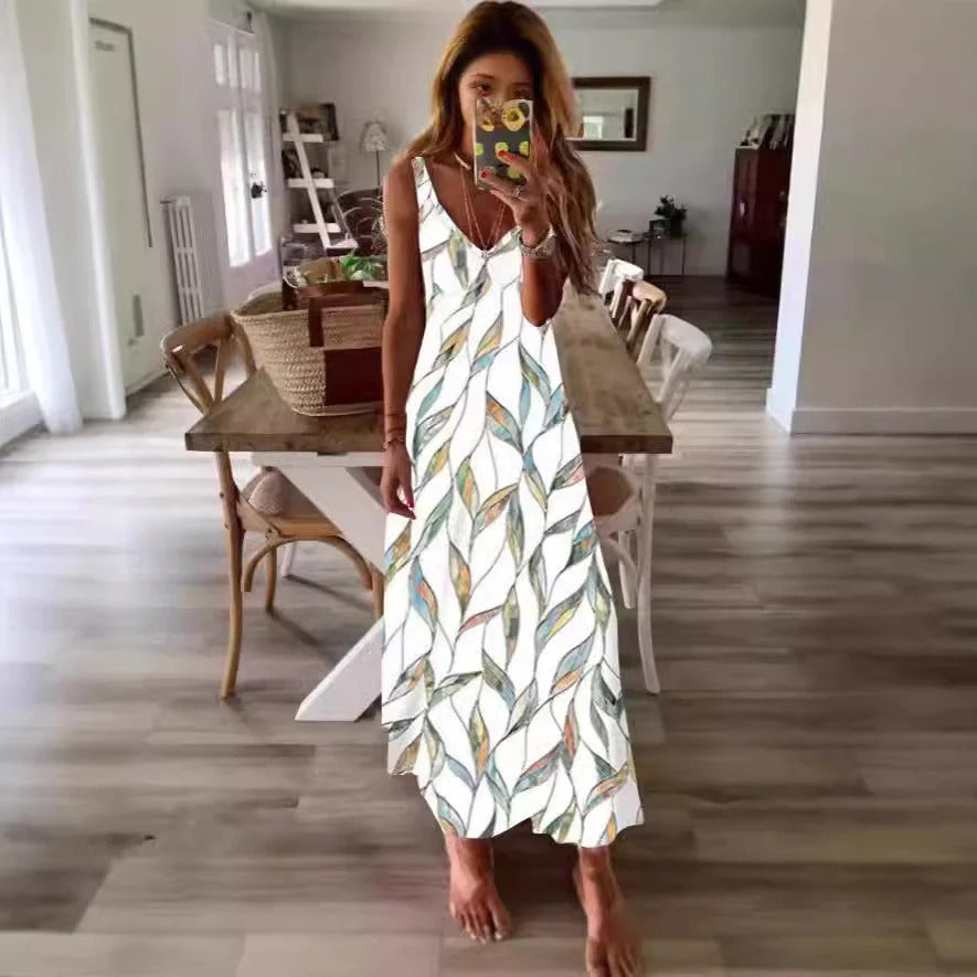 CM | Maxivestido de mujer - Corte holgado - Mezcla de algodón - Sin mangas - Estampado floral