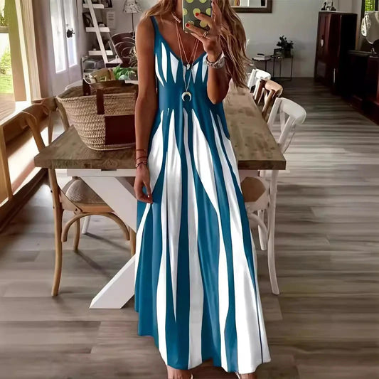 CM | Maxi vestido de mujer - Corte vaporoso - Sin mangas - Cuello en pico - Rayas verticales - Tejido ligero