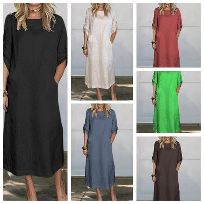 CM | Maxivestido de mujer - Corte relajado - Aspecto de lino - Mangas enrolladas - Bolsillos laterales