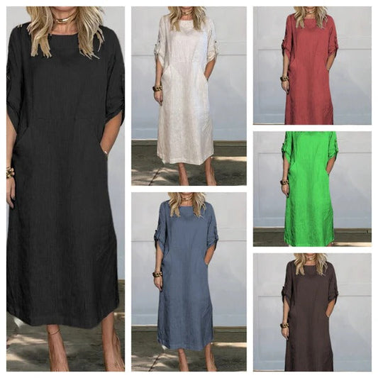 CM | Maxivestido de mujer - Corte relajado - Aspecto de lino - Mangas enrolladas - Bolsillos laterales