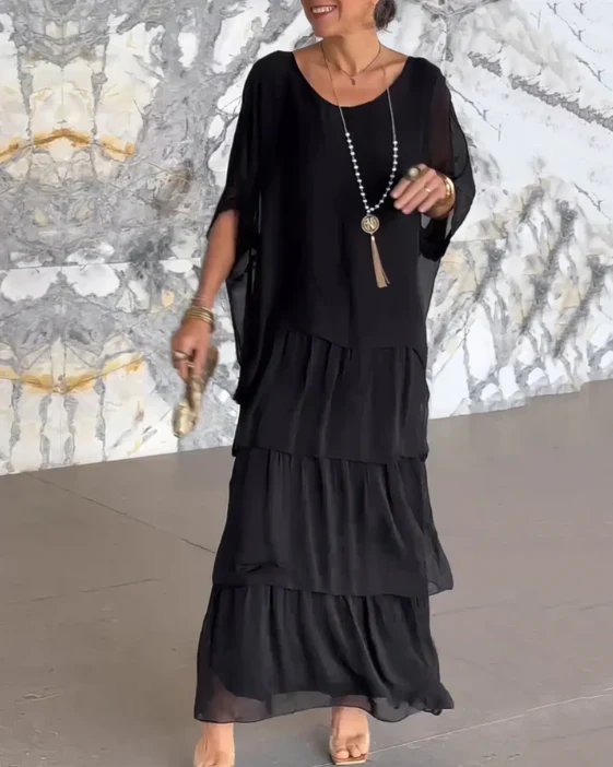 CM | Maxivestido de mujer - Flujo escalonado - Mangas al codo Elegancia