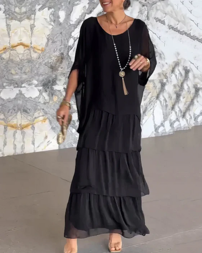 CM | Maxivestido de mujer - Flujo escalonado - Mangas al codo Elegancia