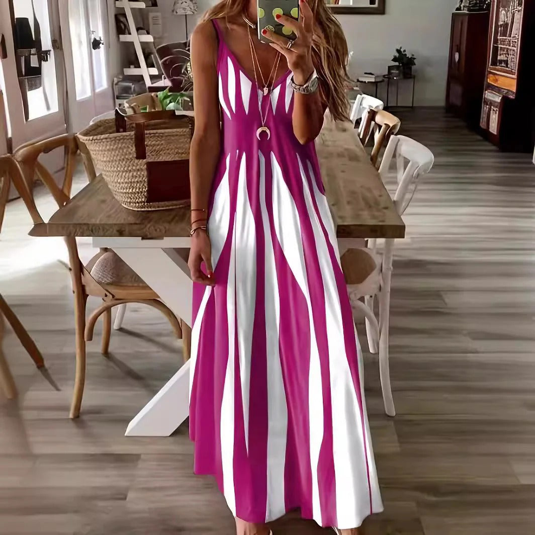 CM | Maxi vestido de mujer - Corte vaporoso - Sin mangas - Cuello en pico - Rayas verticales - Tejido ligero