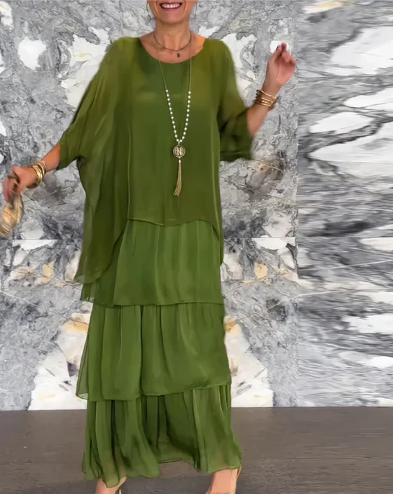 CM | Maxivestido de mujer - Flujo escalonado - Mangas al codo Elegancia