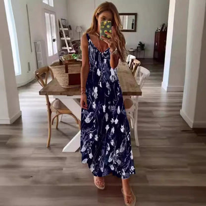 CM | Maxivestido de mujer - Corte holgado - Mezcla de algodón - Sin mangas - Estampado floral