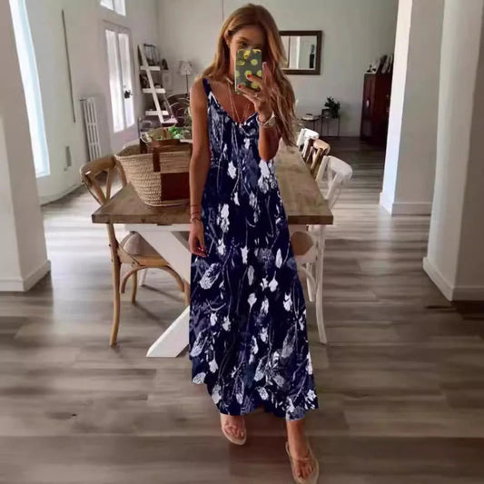 CM | Maxivestido de mujer - Corte holgado - Mezcla de algodón - Sin mangas - Estampado floral